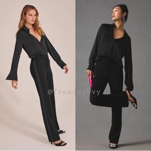 ANTHROPOLOGIE Favorite Daughter The Tuxedo Pants Black Straight Leg Satin Trim